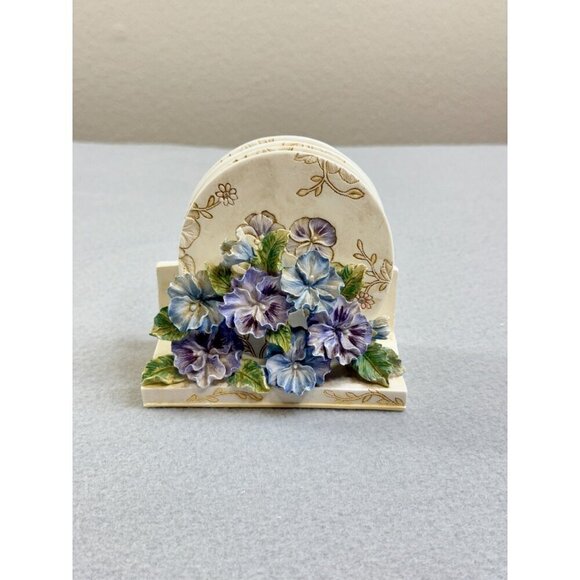 Vintage Ceramic Pansy Flower 3D Sculpture Coaster Holder with Coasters - Picture 3 of 10